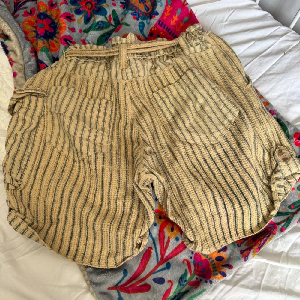 FP One Free People Striped Paperbag Shorts Tan Black Boho Cotton Waffle Small - Picture 5 of 14